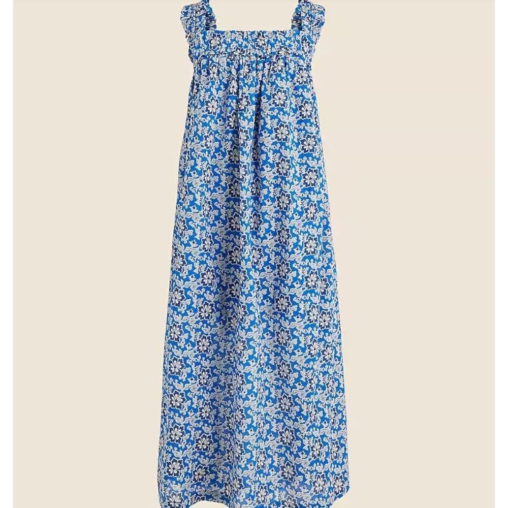 🆕J CREW Cotton Floral Shift Midi Dress Medium Blue - Picture 4 of 10